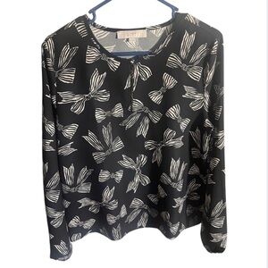 LOFT Black Bow-Print Long Sleeve Blouse